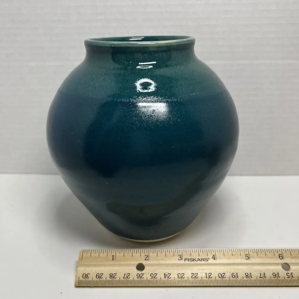 Vtg Studio Art Pottery Mottled Teal Blue Glazed 6